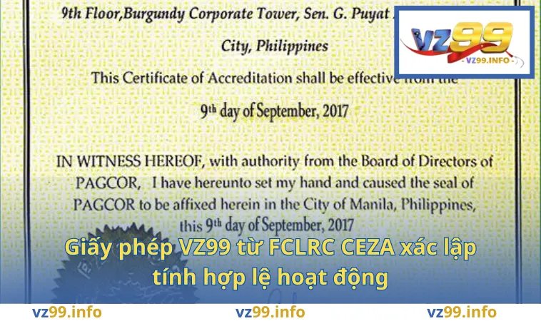 Giấy phép VZ99 từ FCLRC CEZA xác lập tính hợp lệ hoạt động