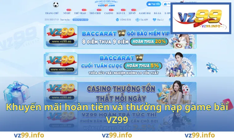 Khuyến mãi hoàn tiền và thưởng nạp game bài VZ99