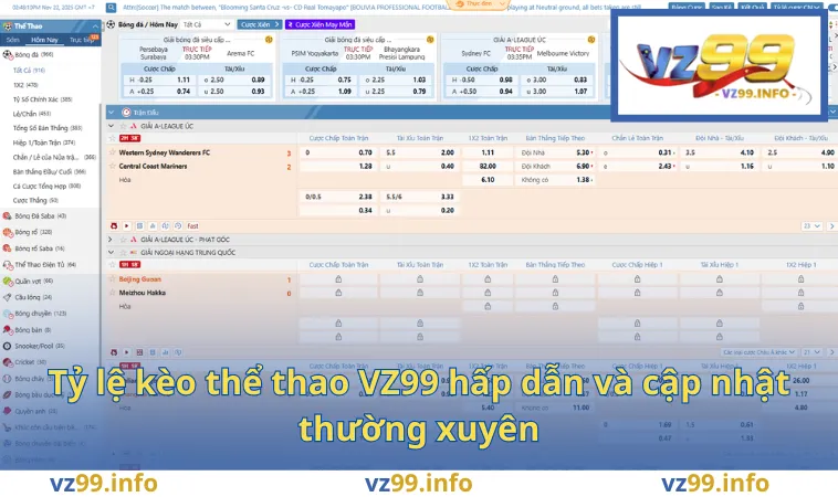 Thể Thao VZ99 2 Tỷ lệ kèo thể thao VZ99 hấp dẫn và cập nhật thường xuyên